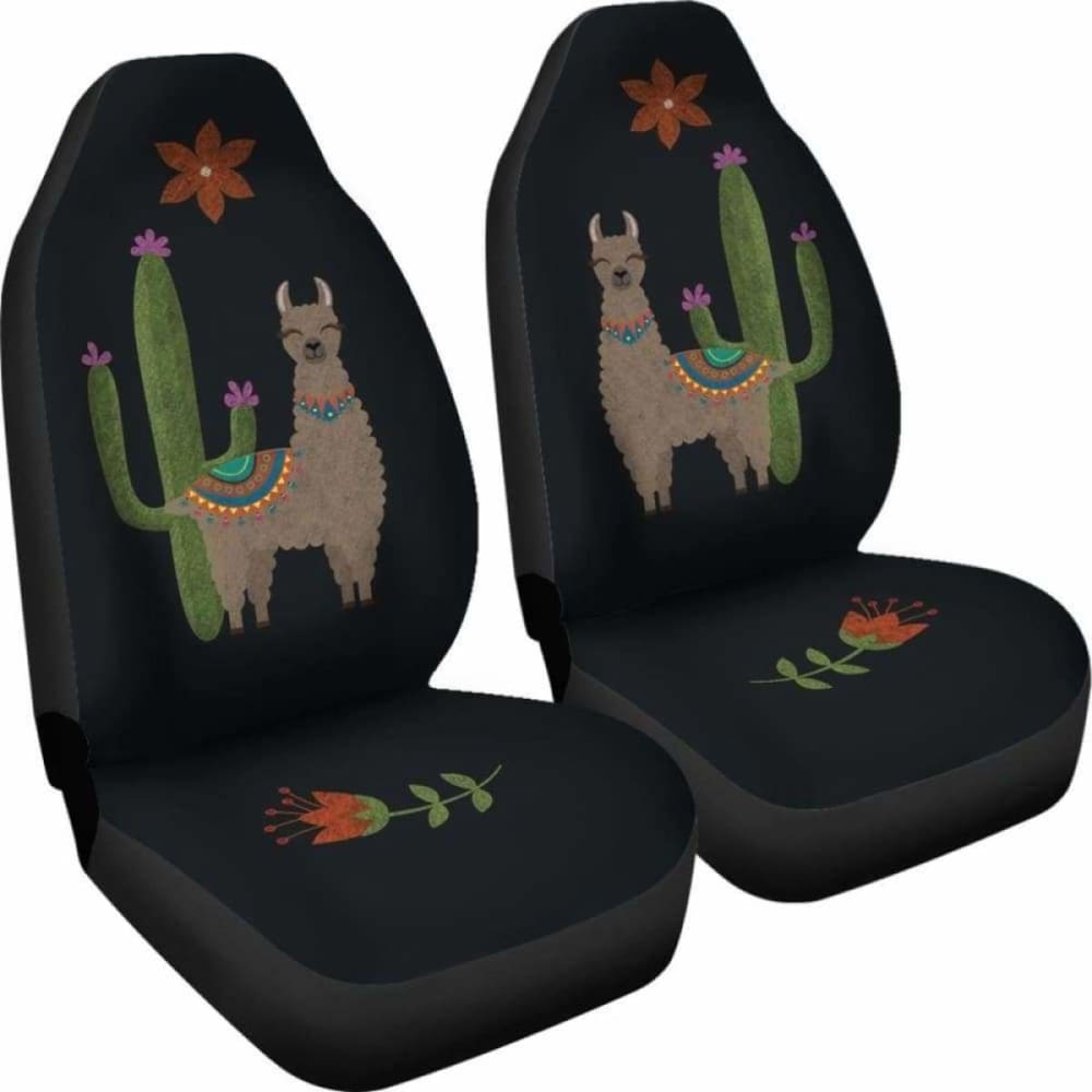 Brown Llama Car Seat Covers Chalky Style Cactus And Flower Design Printed On Black Fabric