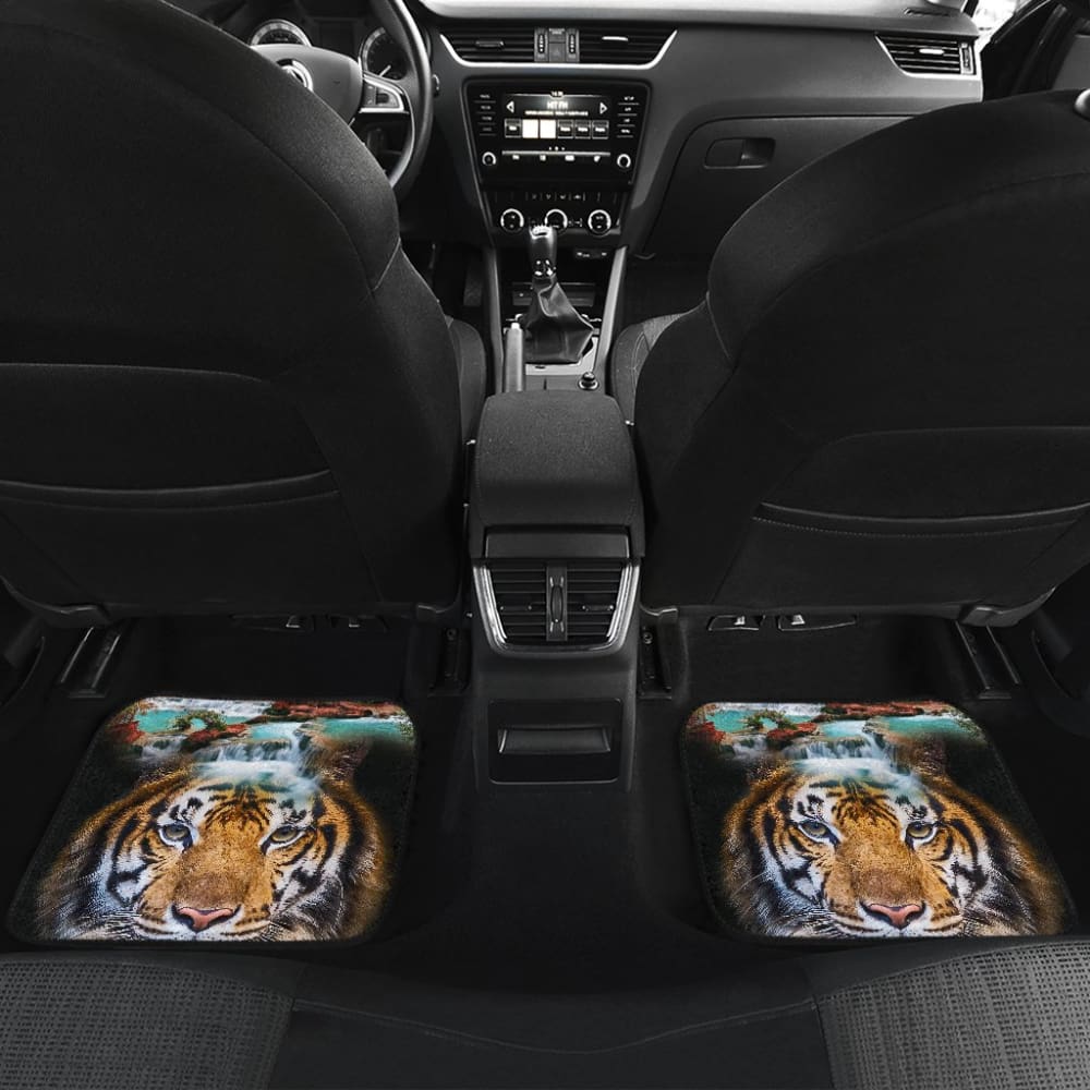 Powerful Brown Tiger with Amazing Waterfall Car Floor Mats