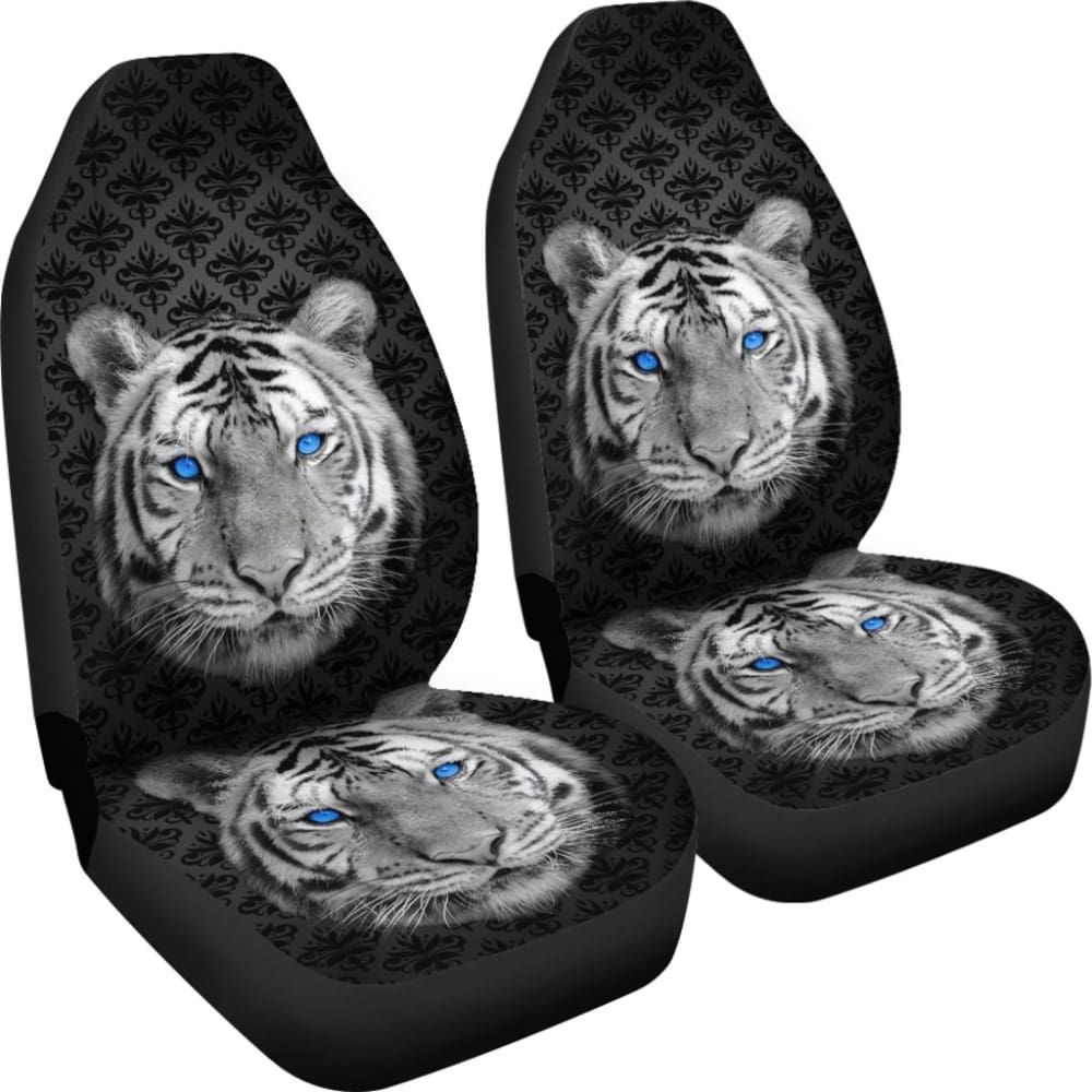 White Tiger Blue Eyes Amazing Black Background Car Seat Covers