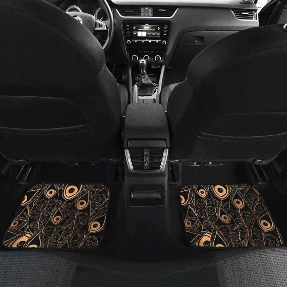 Gold Peacock Feather Pattern Front And Back Car Mats