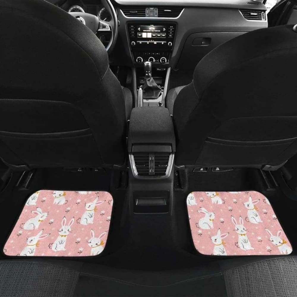Cute White Rabbit Flower Pink Background Front And Back Car Mats