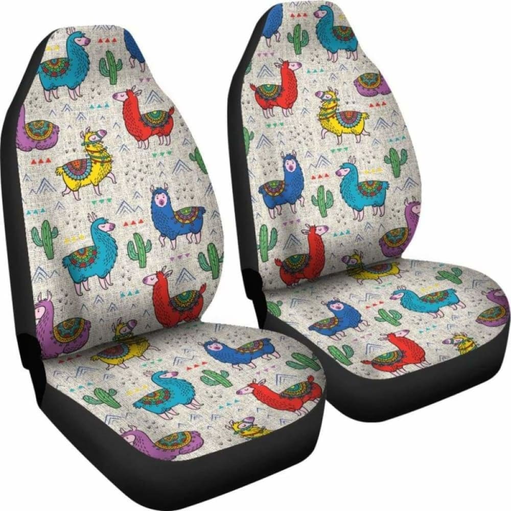 Colorful Llama Pattern On Burlap Style Background Boho Car Seat Covers