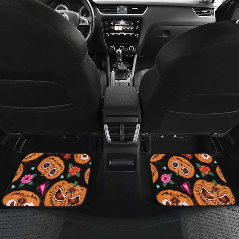 Pumpkin Flowers Spiderweb Halloween Theme Front And Back Car Mats