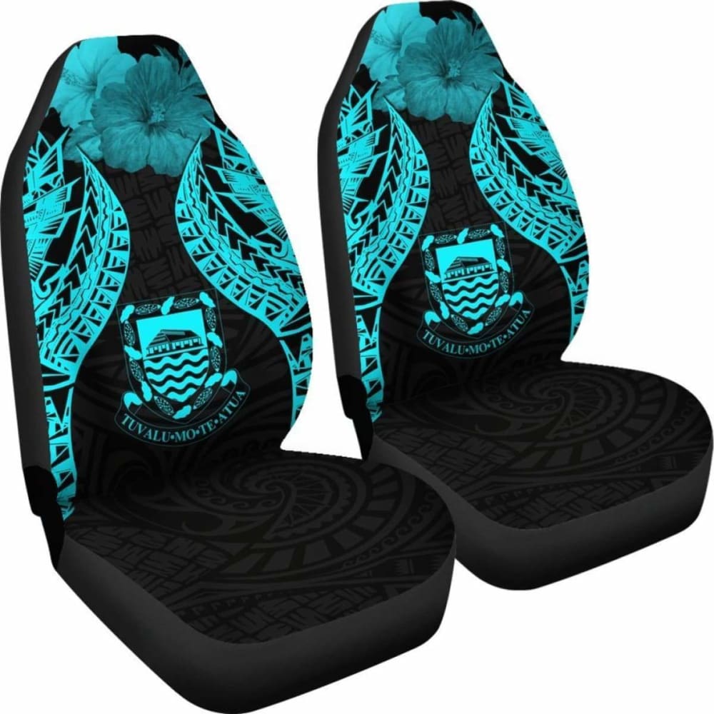 Tuvalu Polynesian Car Seat Covers Pride Seal And Hibiscus Neon Blue -