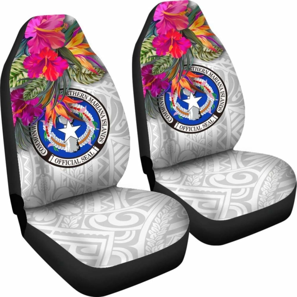 Northern Mariana Islands Car Seat Covers Polynesian Hibiscus White Pattern -