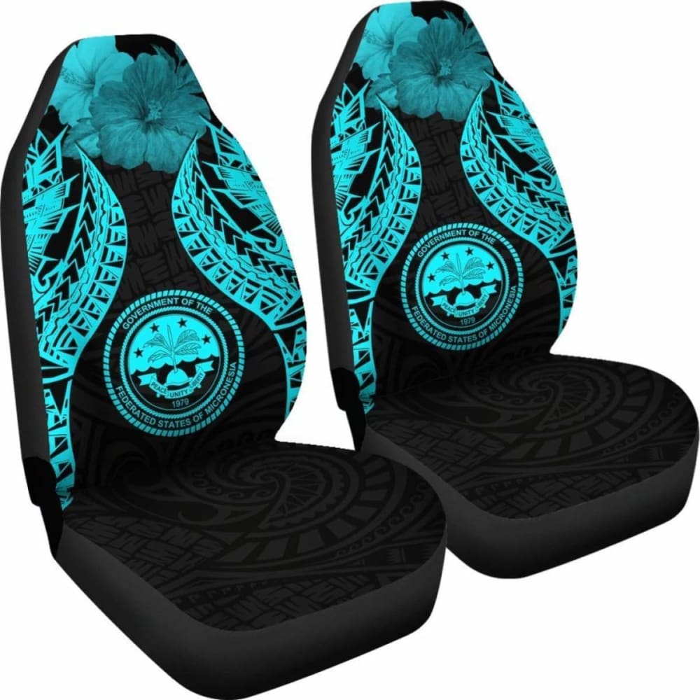 Federated States Of Micronesia Polynesian Car Seat Covers Pride Seal And Hibiscus Neon Blue -
