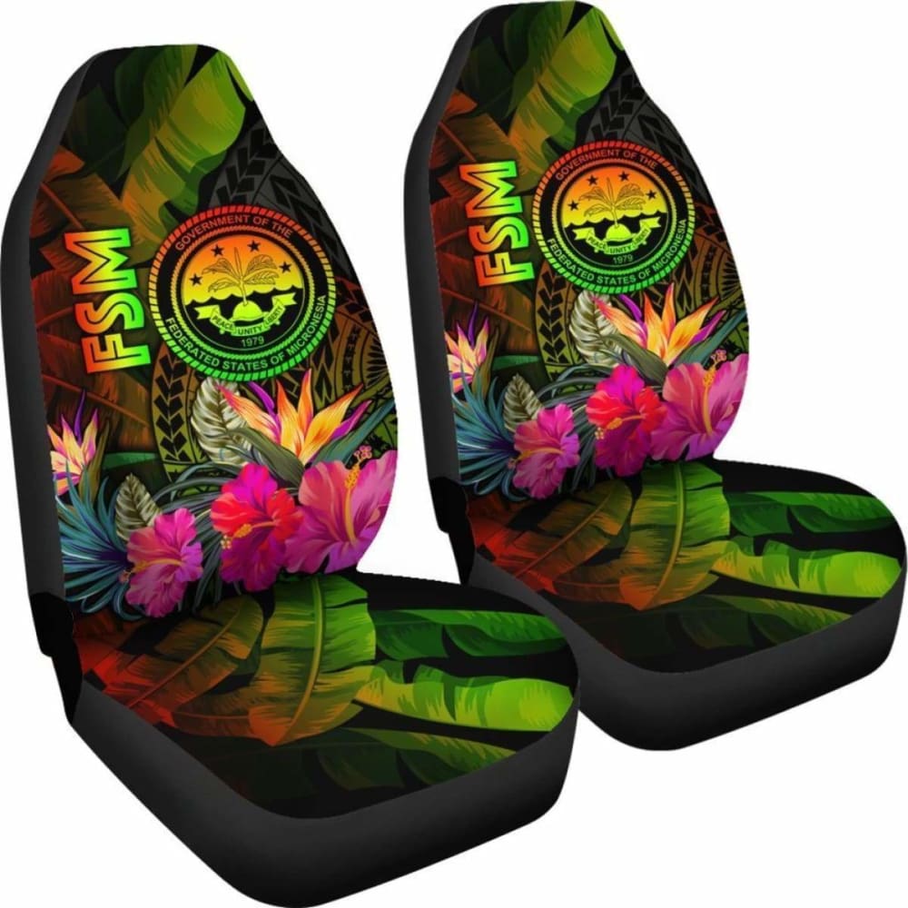 Federated States Of Micronesia Polynesian Car Seat Covers - Hibiscus And Banana Leaves -
