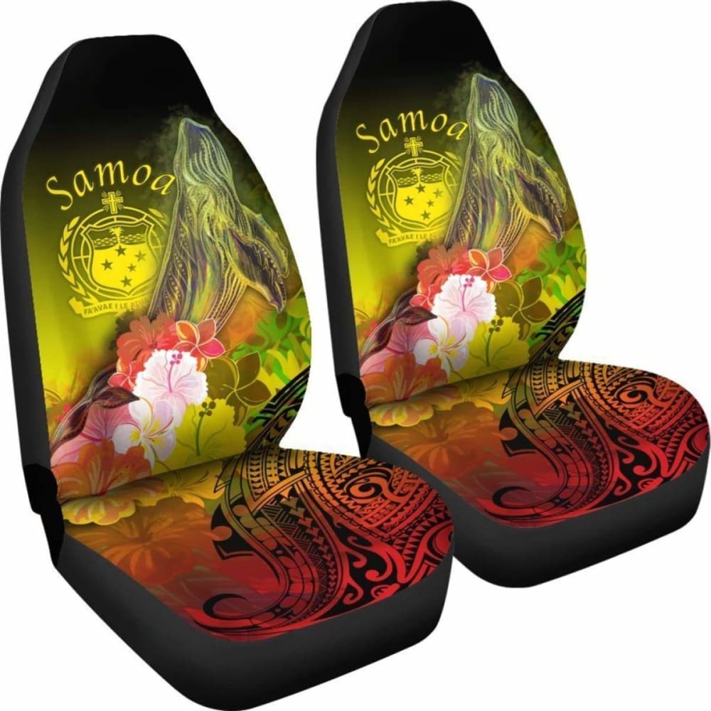Samoa Car Seat Covers- Humpback Whale With Tropical Flowers (Yellow)-
