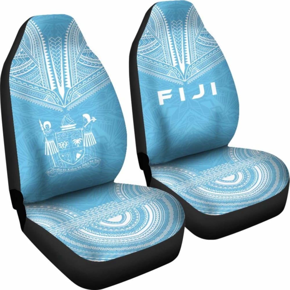 Fiji Car Seat Cover - Fiji Coat Of Arms Polynesian Chief Tattoo Light Blue Version -