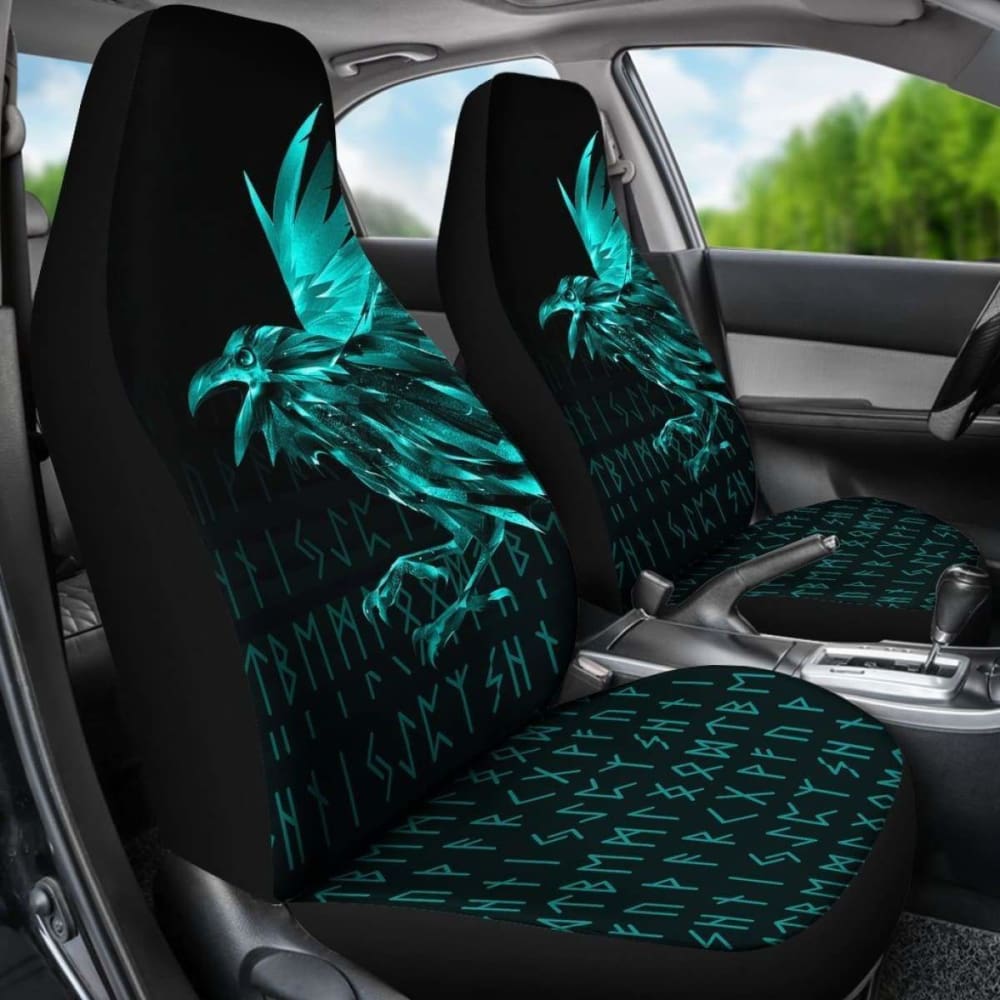Vikings Car Seat Covers - Raven Tattoo Style Cyan