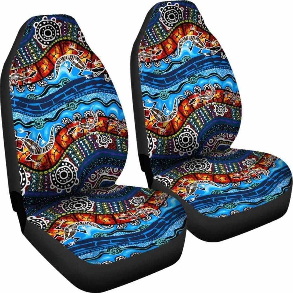 Australia Car Seat Covers - Aboriginal Lizard Dot Painting Blue Wave -