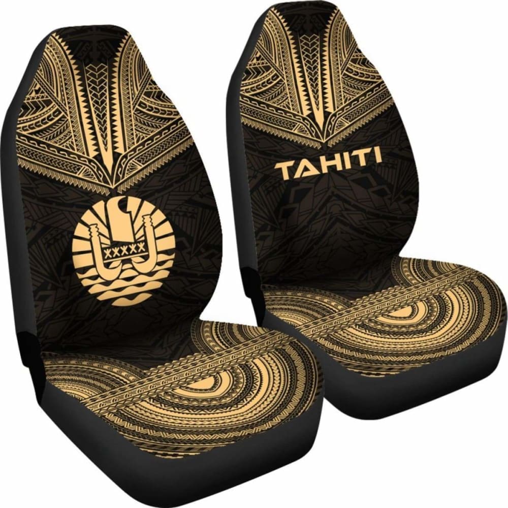 Tahiti Car Seat Cover - Tahiti Flag Polynesian Chief Tattoo Gold Version -