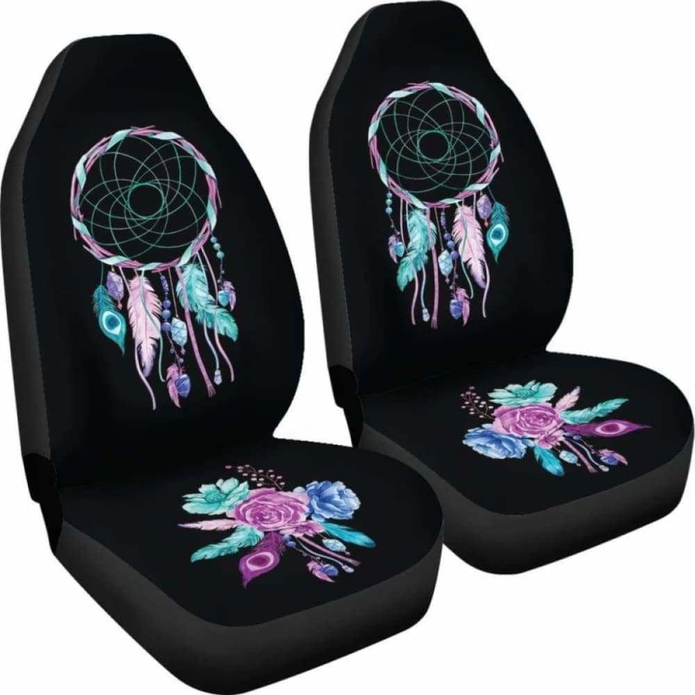 Dreamcatcher Car Seat Covers Black With Teal, Purple And Blue Boho Flower Design