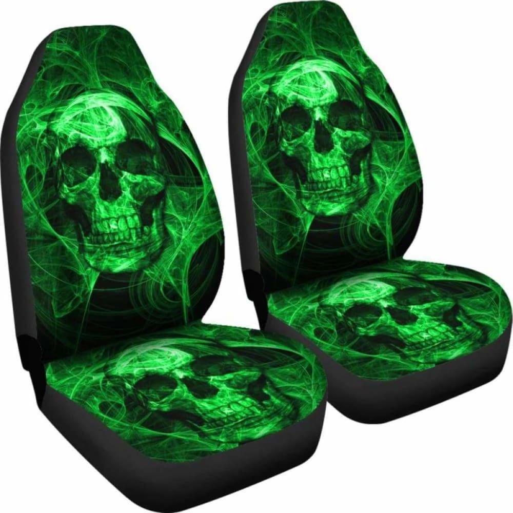 Set Of Green Flaming Fire Skull Car Seat Covers