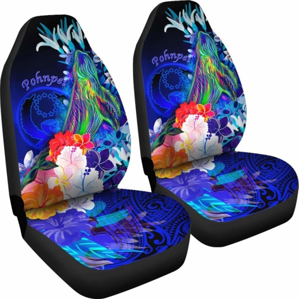 Pohnpei Car Seat Covers - Humpback Whale With Tropical Flowers (Blue)-