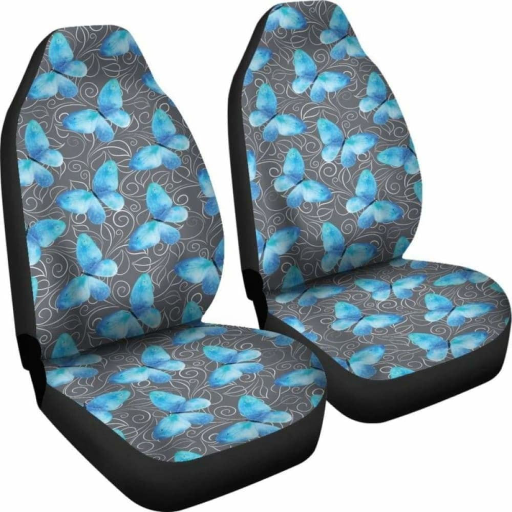 Dark Gray White Leaves Background With Blue Butterfly Car Seat Covers