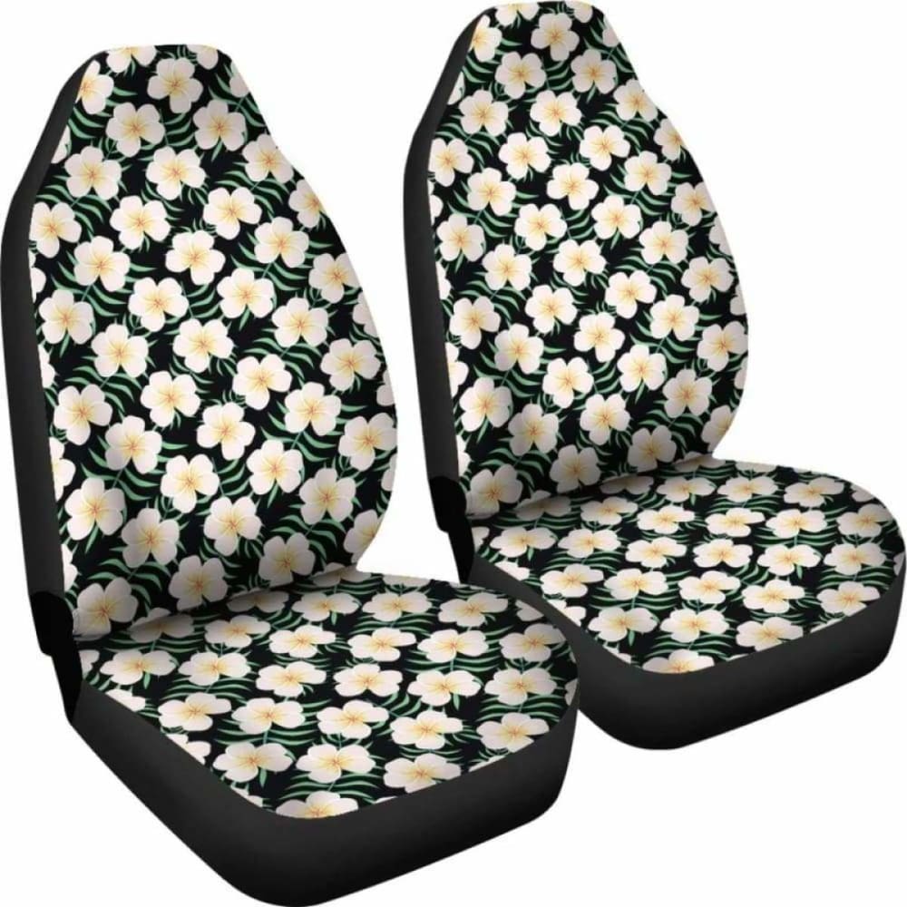 Black With Plumeria Frangipani Flower Pattern Hawaiian Island Floral Car Seat Covers