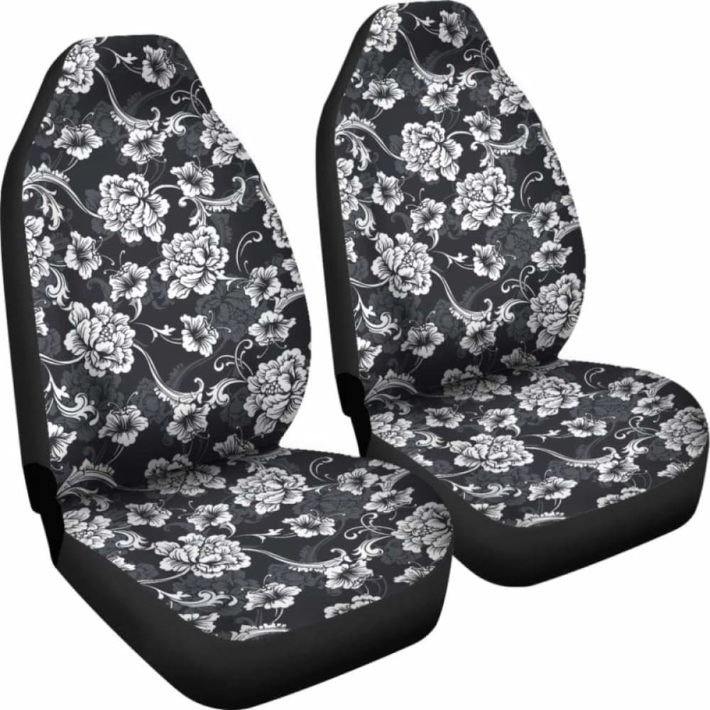 Dark Gray And White Baroque Flower Car Seat Covers