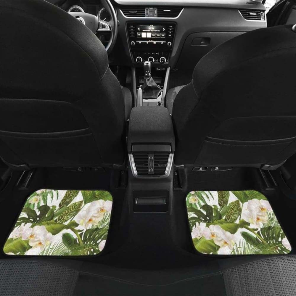 White Orchid Flower Tropical Leaves Pattern Front And Back Car Mats