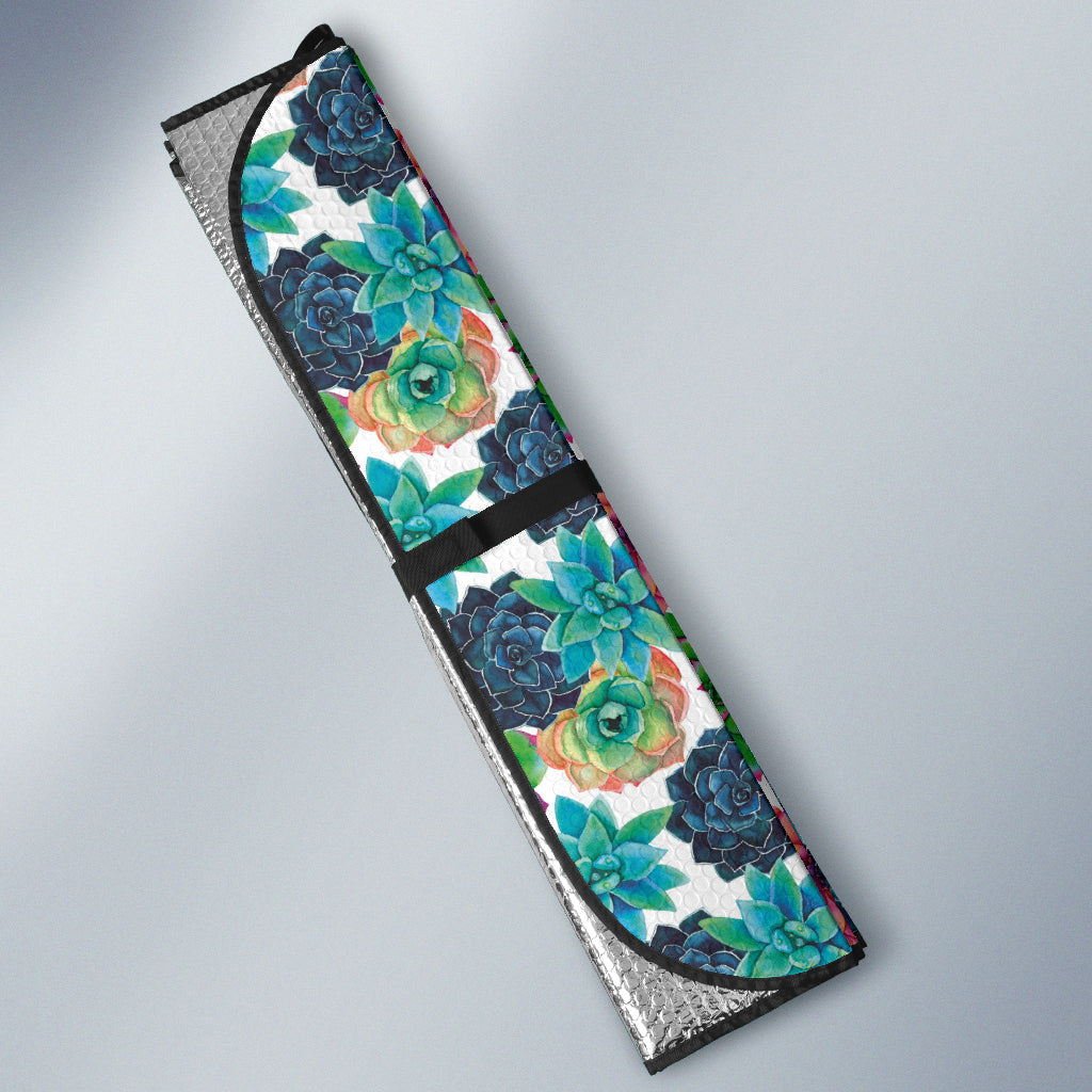Succulent Colorful White Background Watercolor Car Auto Sun Shades