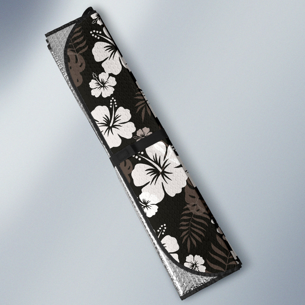 Black With Hibiscus Pattern In Gray And White Car Auto Sun Shades