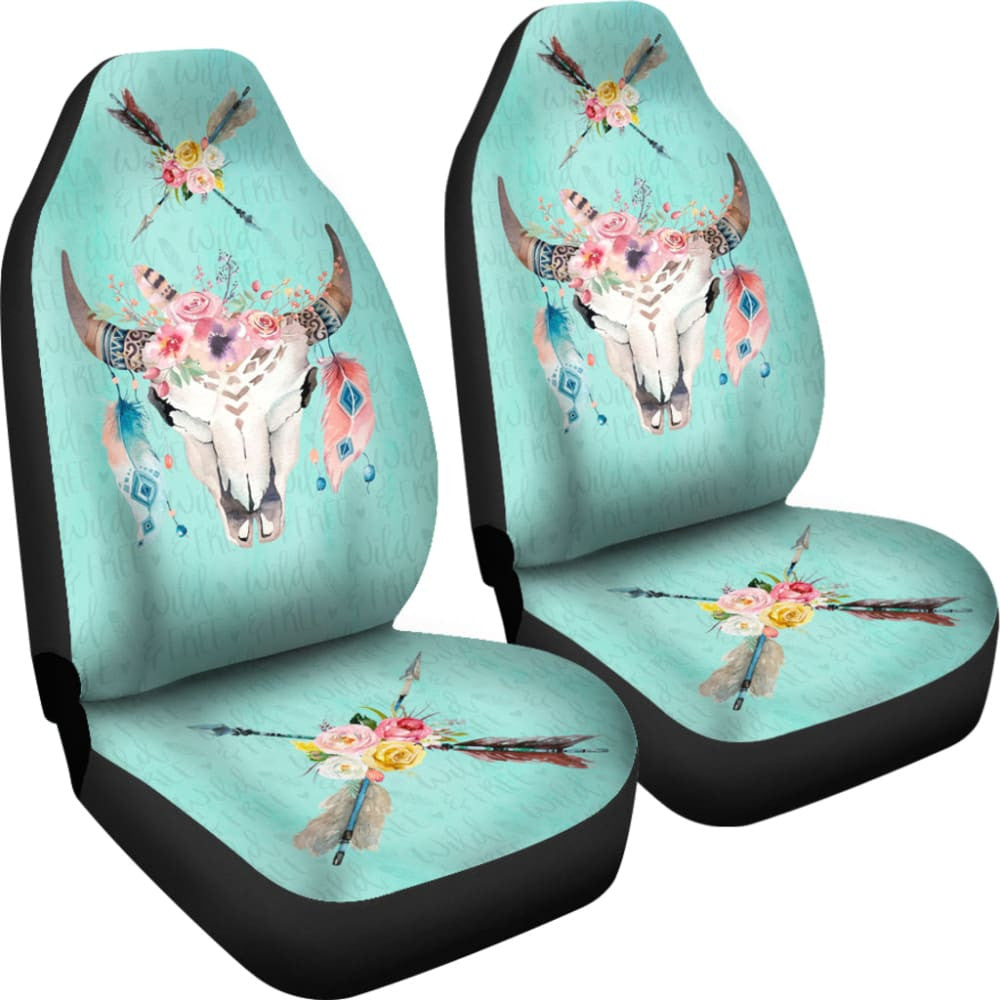 Turquoise Cow Skull Boho Wild And Free Car Seat Covers