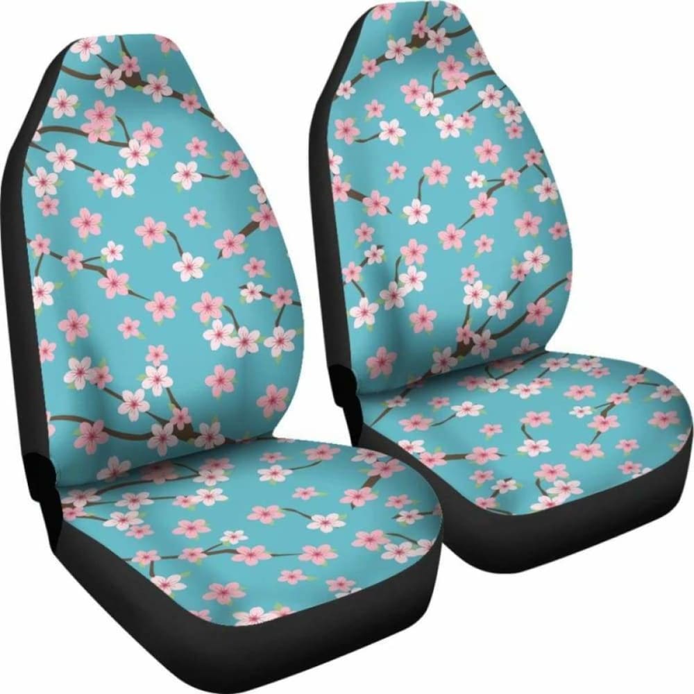 Teal With Pink And White Cherry Blossom Flower Pattern Car Seat Covers