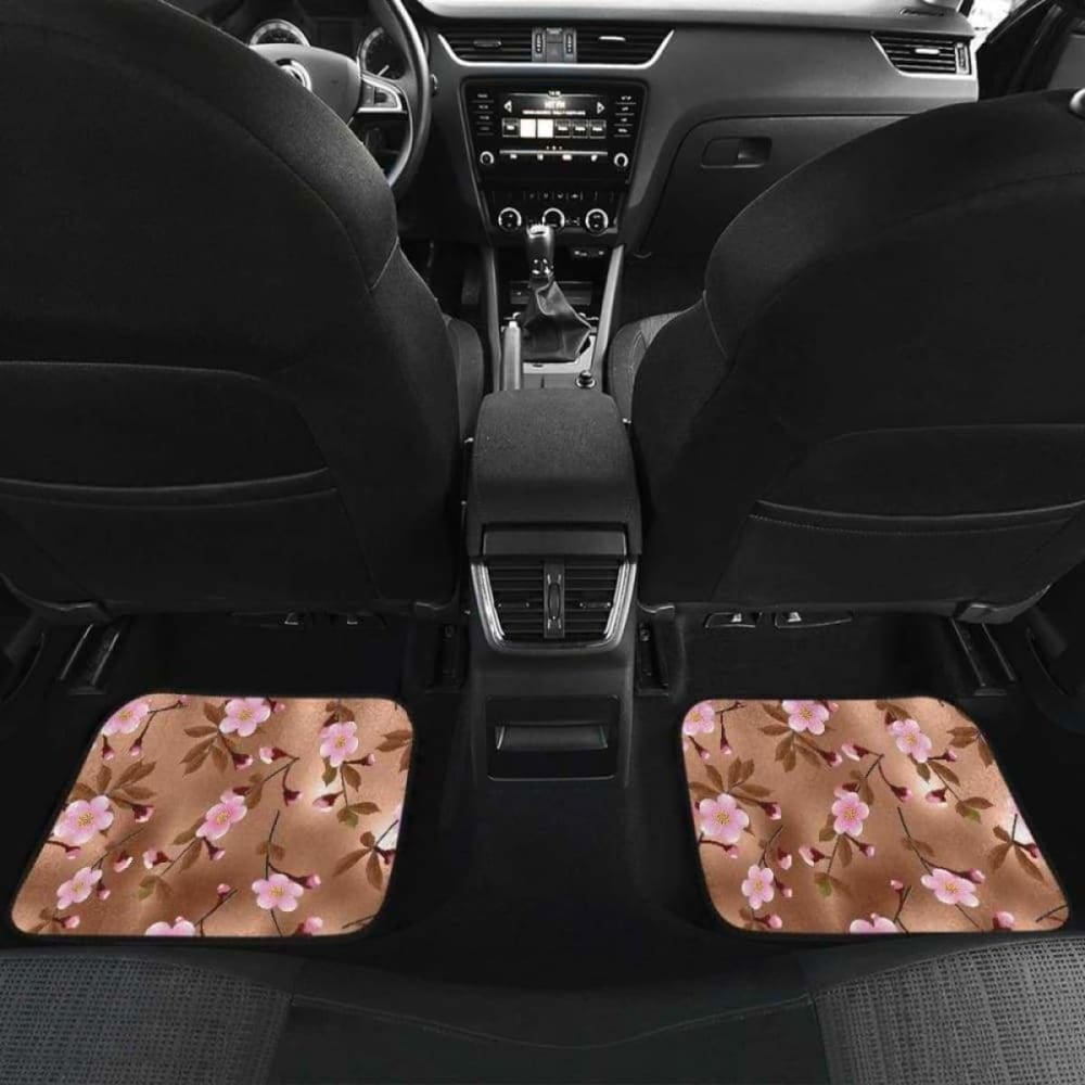 Pink Sakura Cherry Blossom Drak Brown Background Front And Back Car Mats