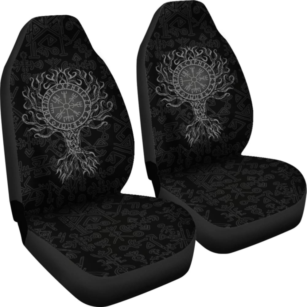 Viking Car Seat Cover - Vegvisir Tree Of Life - Gray -