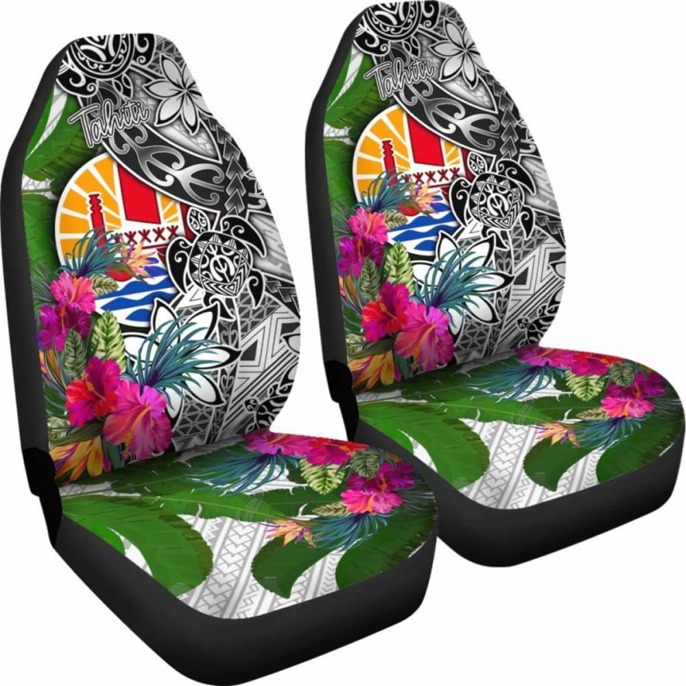 Tahiti Car Seat Covers White - Turtle Plumeria Banana Leaf -
