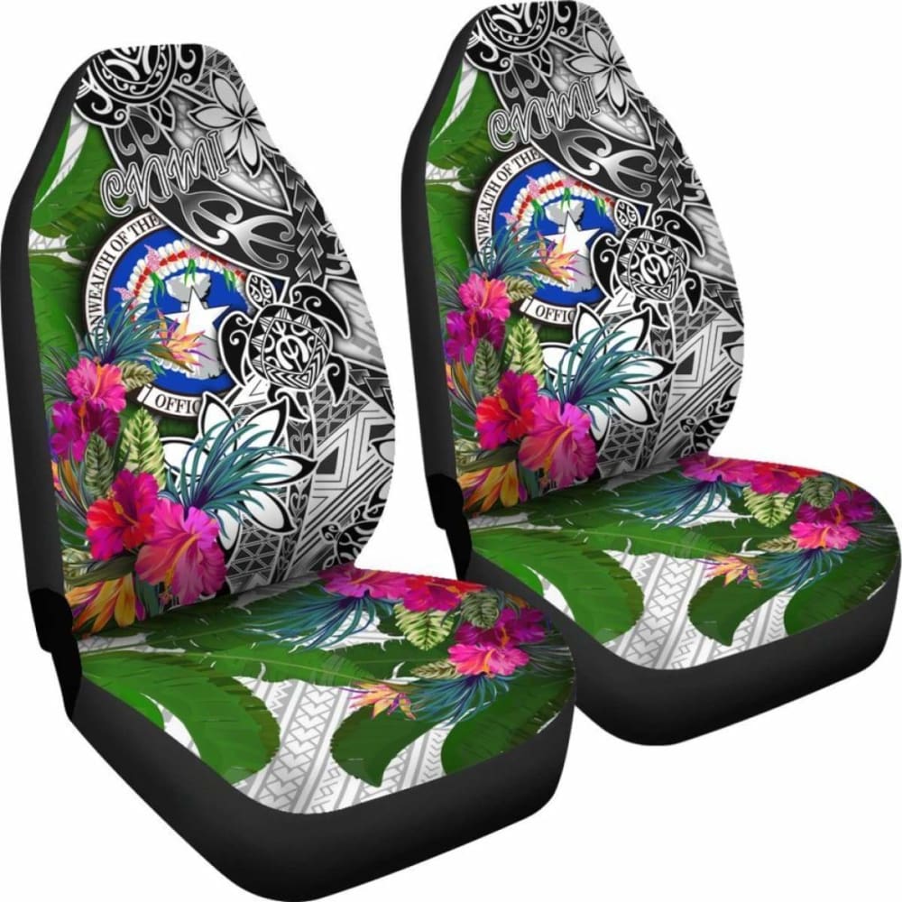 Northern Mariana Islands Car Seat Covers White - Turtle Plumeria Banana Leaf -
