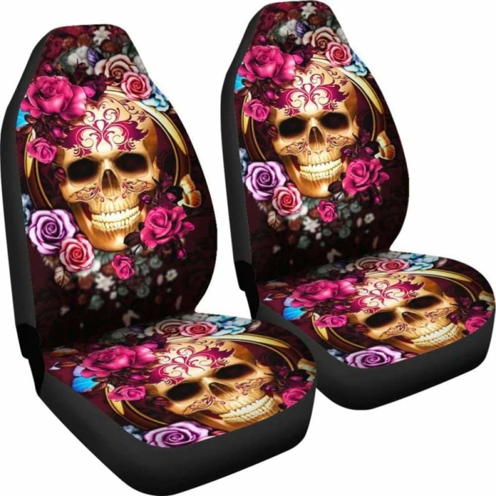 Set Of Floral Beautiful Sugar Skull Car Seat Covers