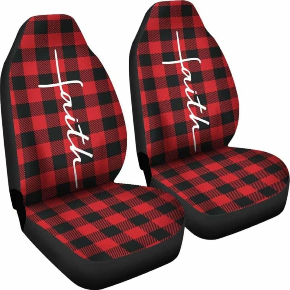 Faith Word Cross In White On Red Buffalo Plaid Car Seat Covers Religious Christian Themed