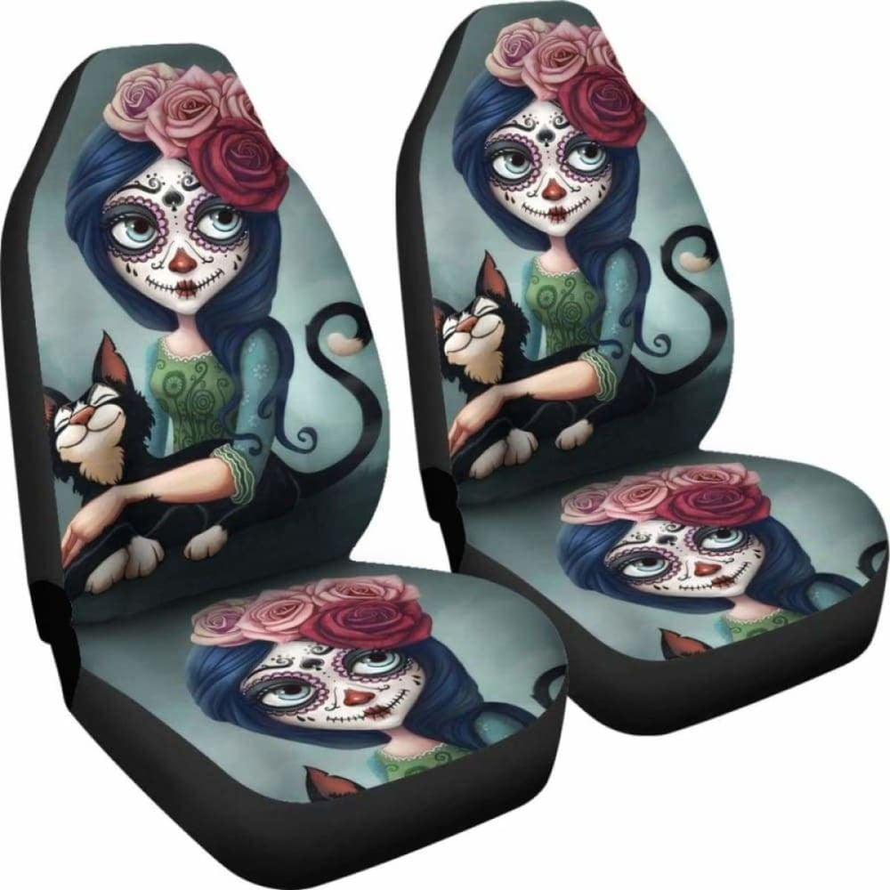 Set Pcs Floral Sugar Skull Day Of The Dead Skull Car Seat Covers