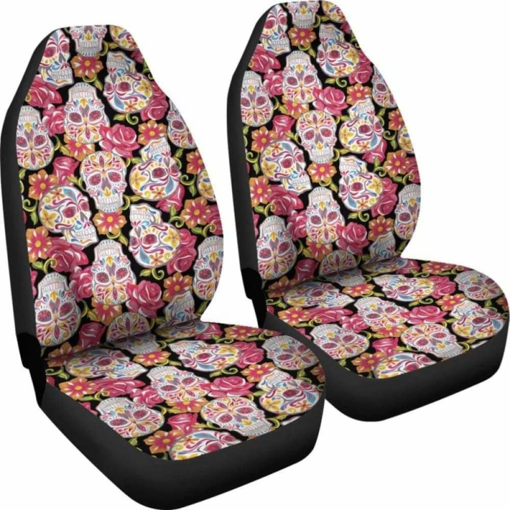 Set Of Colorful Sugar Skull Car Seat Covers