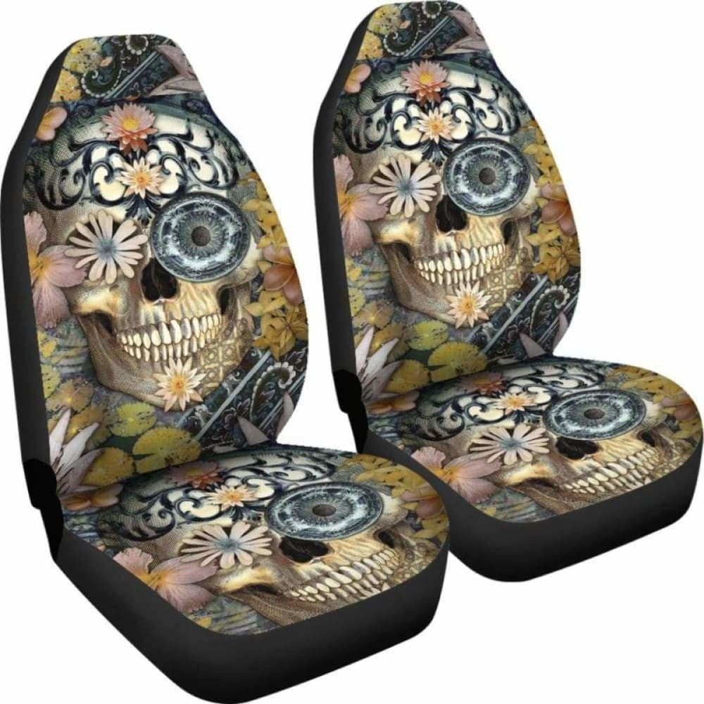 Set Of Floral Sugar Skull Seat Covers
