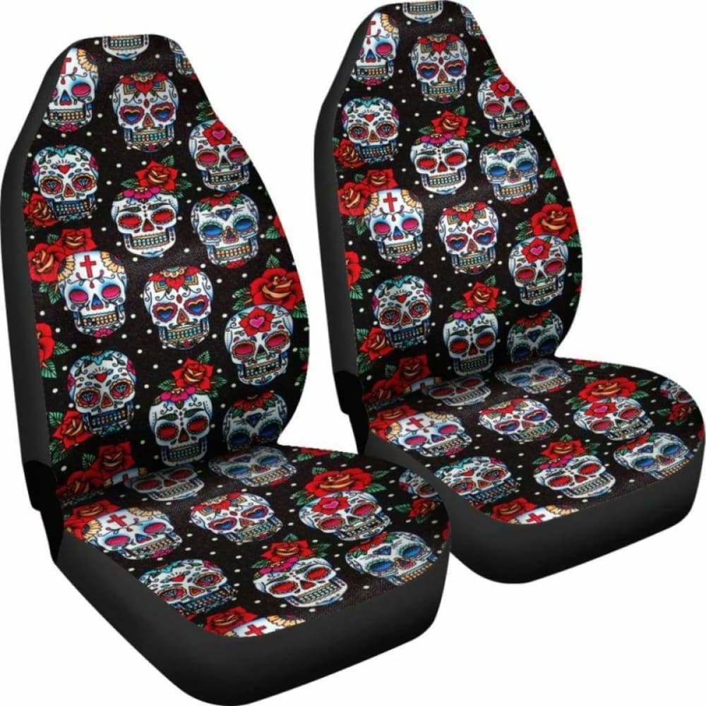 Set Of Floral Sugar Skull Seat Covers