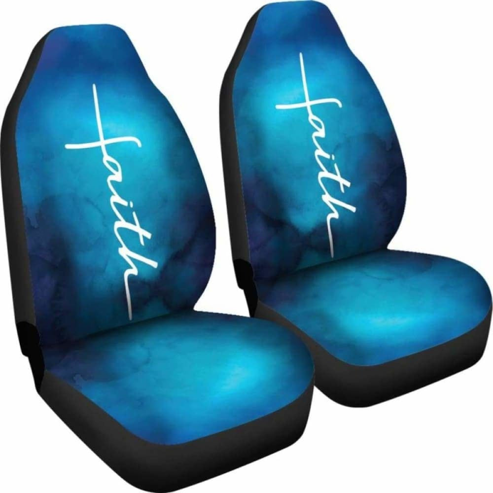 White Faith Word Cross On Blue Ombre Car Seat Covers Religious Christian Themed