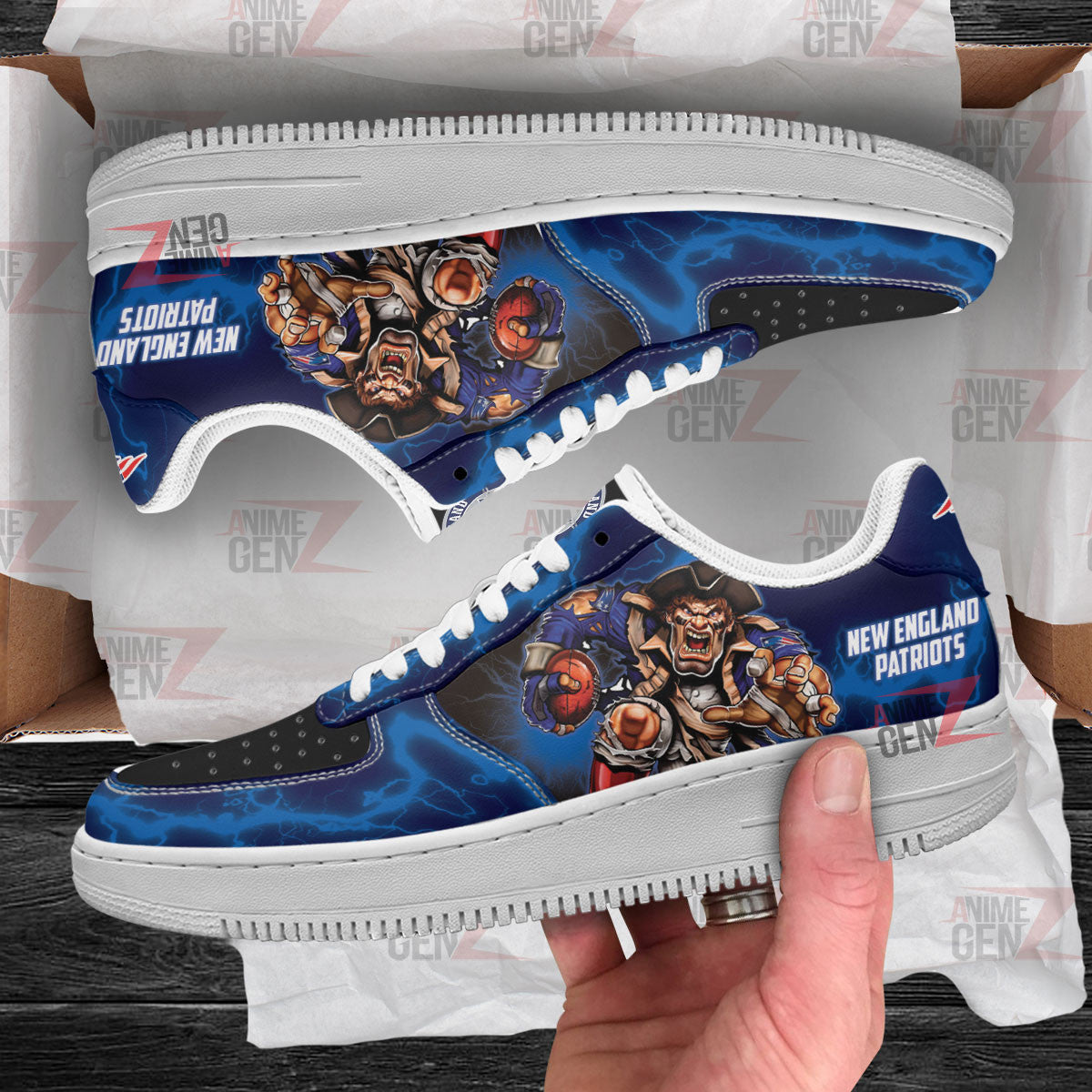 New England Patriots Air Sneakers Mascot Thunder Style Custom NFL Sport Shoes