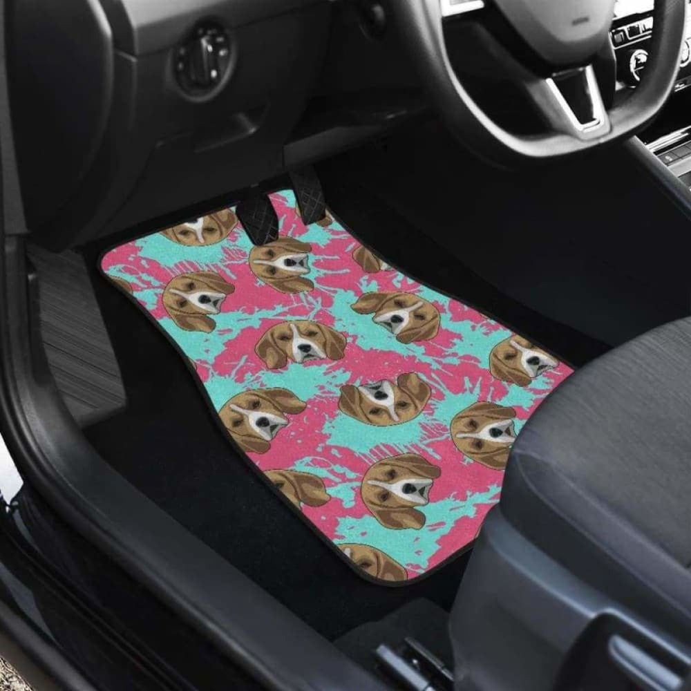 Beagle Muzzles Turquoise Paint Splashes Pink Pattern Front And Back Car Mats