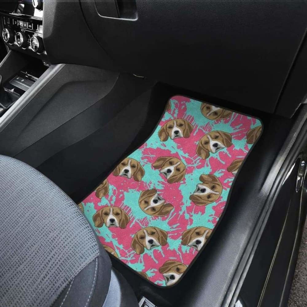 Beagle Muzzles Turquoise Paint Splashes Pink Pattern Front And Back Car Mats