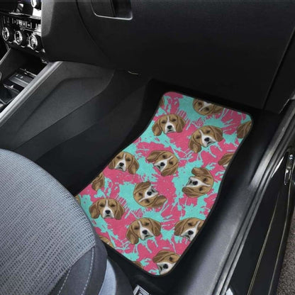 Beagle Muzzles Turquoise Paint Splashes Pink Pattern Front And Back Car Mats