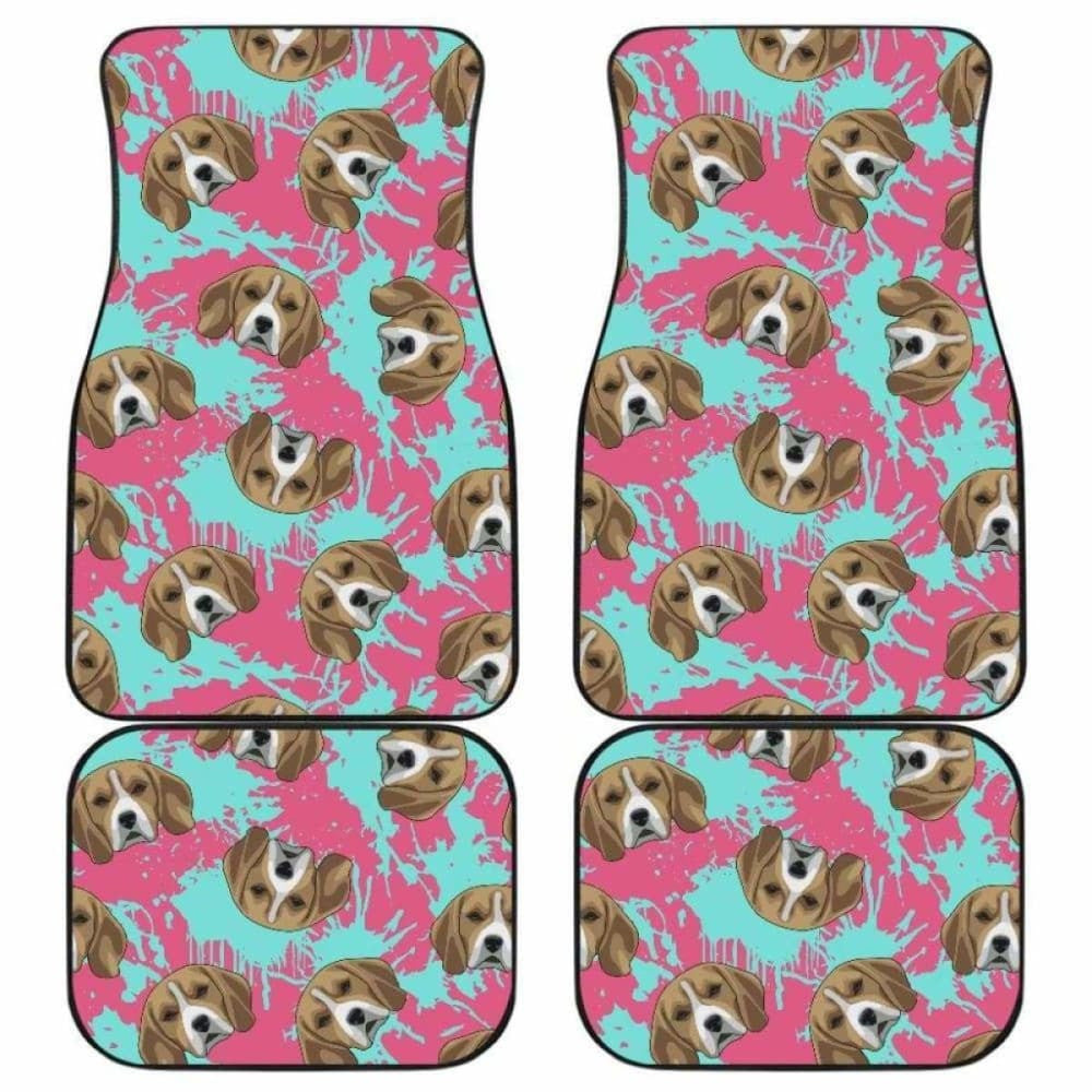 Beagle Muzzles Turquoise Paint Splashes Pink Pattern Front And Back Car Mats