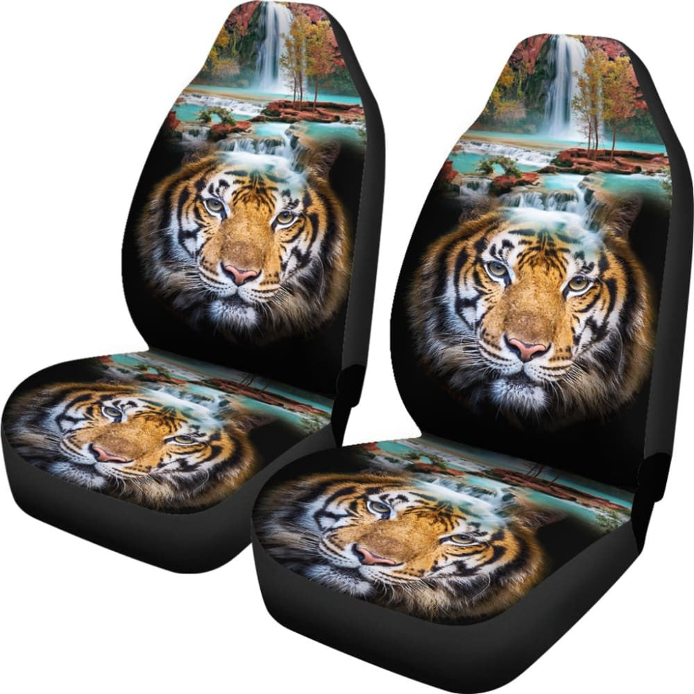 Powerful Brown Tiger with Amazing Waterfall Car Seat Covers
