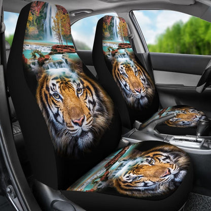 Powerful Brown Tiger with Amazing Waterfall Car Seat Covers