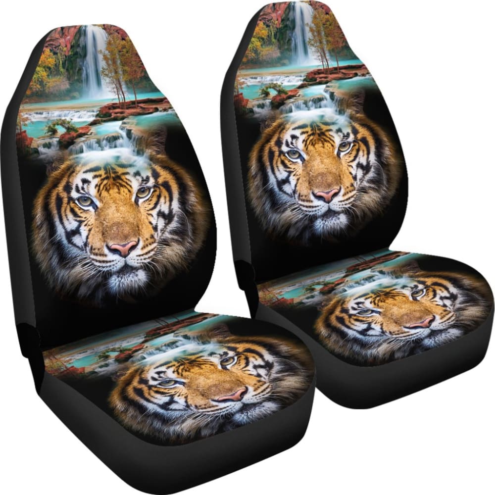 Powerful Brown Tiger with Amazing Waterfall Car Seat Covers