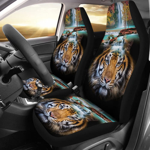 Powerful Brown Tiger with Amazing Waterfall Car Seat Covers