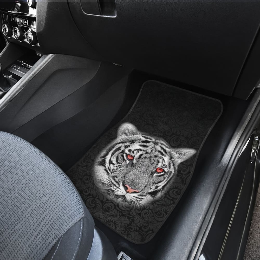 White Tiger Red Eyes Amazing Black Background Car Floor Mats