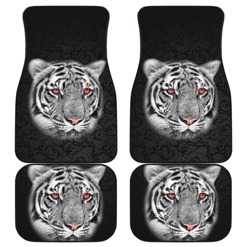White Tiger Red Eyes Amazing Black Background Car Floor Mats