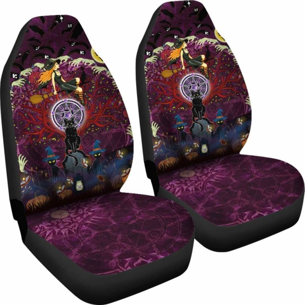 Celtic Samhain Black Cat With Pentagram Symbol Car Seat Covers - Happy Halloween -